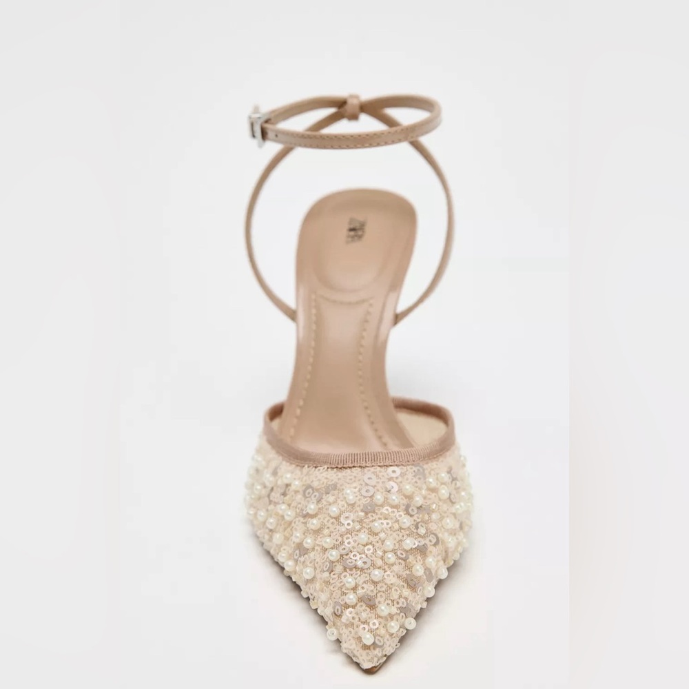NEW Women Zara Glitter Mesh Slingback Heels 7.5 shoes Beige 2257/510 - Picture 5 of 6